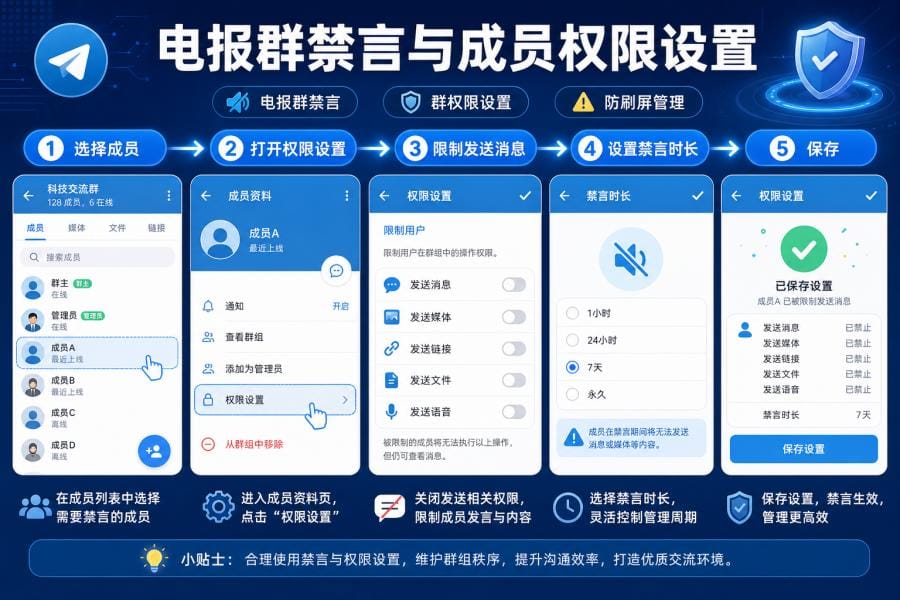 Telegram 群禁言和成员权限设置