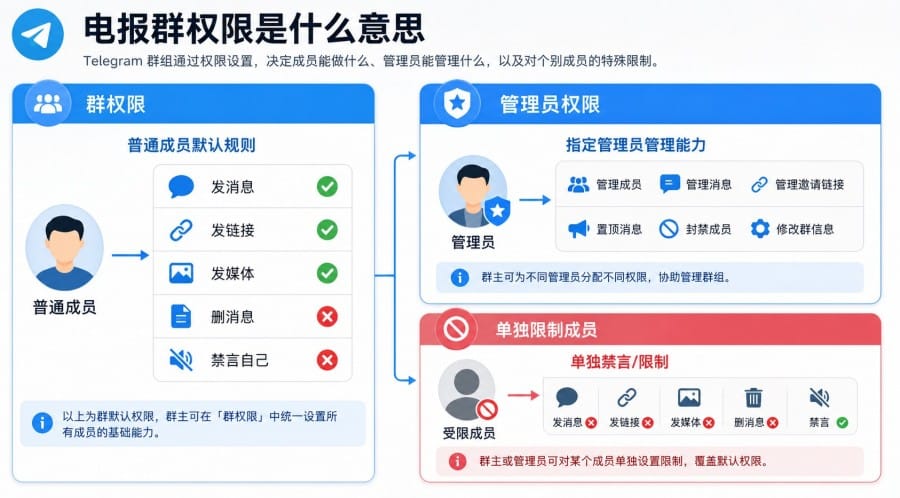 电报群权限怎么设置?群主如何管理发言、链接和管理员 配图 1