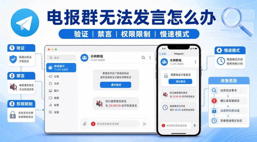 电报群无法发言怎么办?禁言、验证和权限限制排查 cover image